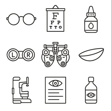 Eye Care Icons. Outline style icons of Eye Care Unit: optometrist glasses, vision test chart, lens case, eye drops, refractor tool