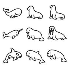 Fototapeta premium Marine Mammals Icons. Outline style icons of Marine Mammals: whale, seal, sea lion, narwhal, manatee, walrus, orca, beluga, dugong