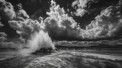  A monochrome image depicts a wave colliding with the water's edge, against a backdrop of a mountain