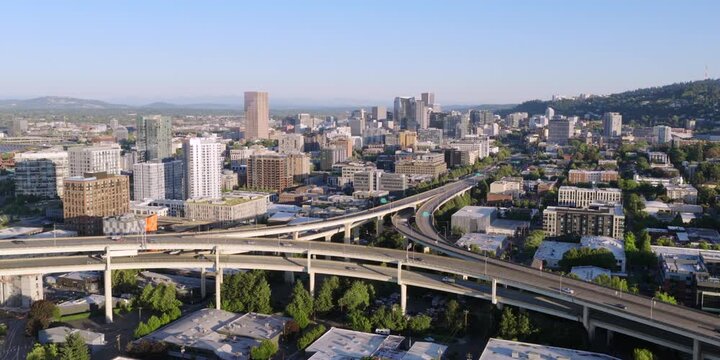Portland Oregon - Aerial View of Highway 405 Interchange Through Downtown Portland at Sunset
