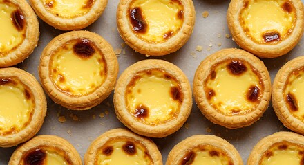 A beautiful arrangement of golden egg tarts fresh from the oven. A concept of traditional baking and delicious desserts.