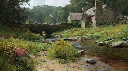   Stream running through lush green field, adjacent to stone bridge and building