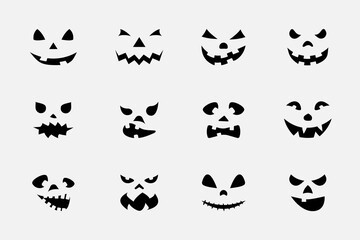 Pumpkin face icons set in black on white background
