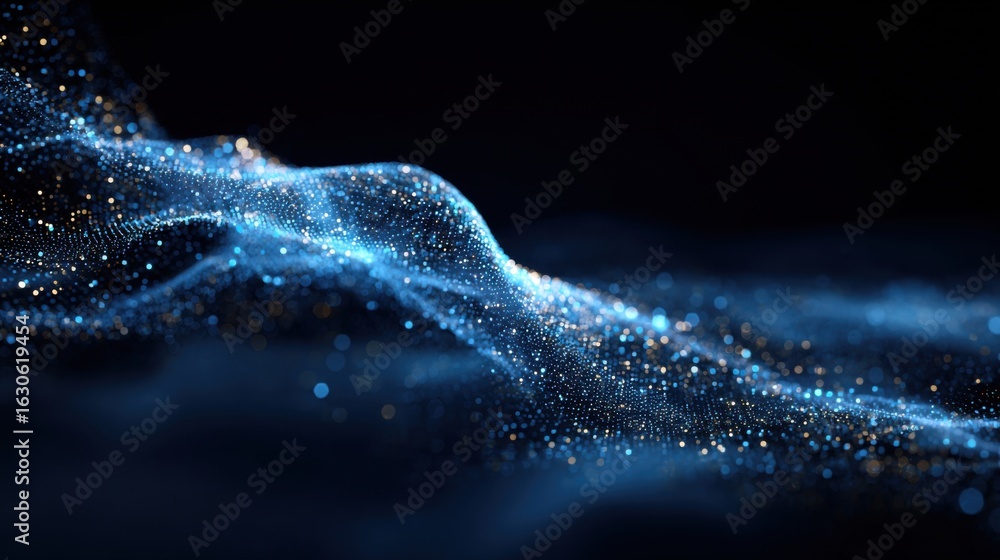 Poster a beautiful blue wave of light with a lot of sparkles. the sparkles are a mix of blue and gold, crea