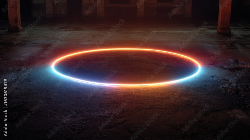 Poster a glowing circle on a dark background. the circle is lit up in red and blue. the image has a mysteri
