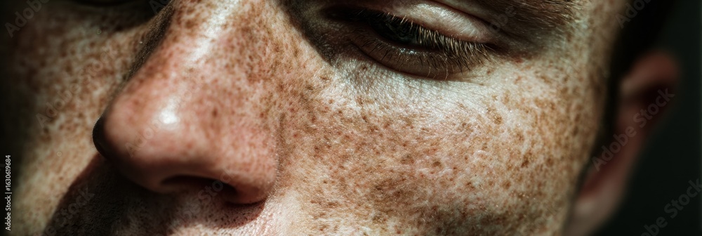 Poster close-up of a man with noticeable freckles captured in soft light revealing skin texture and detail 