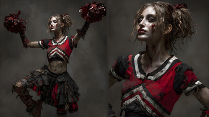 Fototapeta premium Haunting Halloween Night: Zombie Cheerleader Strikes a Spooky Pose in Tattered Red and Black Ensemble with Creepy Cheer and Eerie Atmosphere!