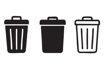 Set of three trash can icons, silhouette and outline