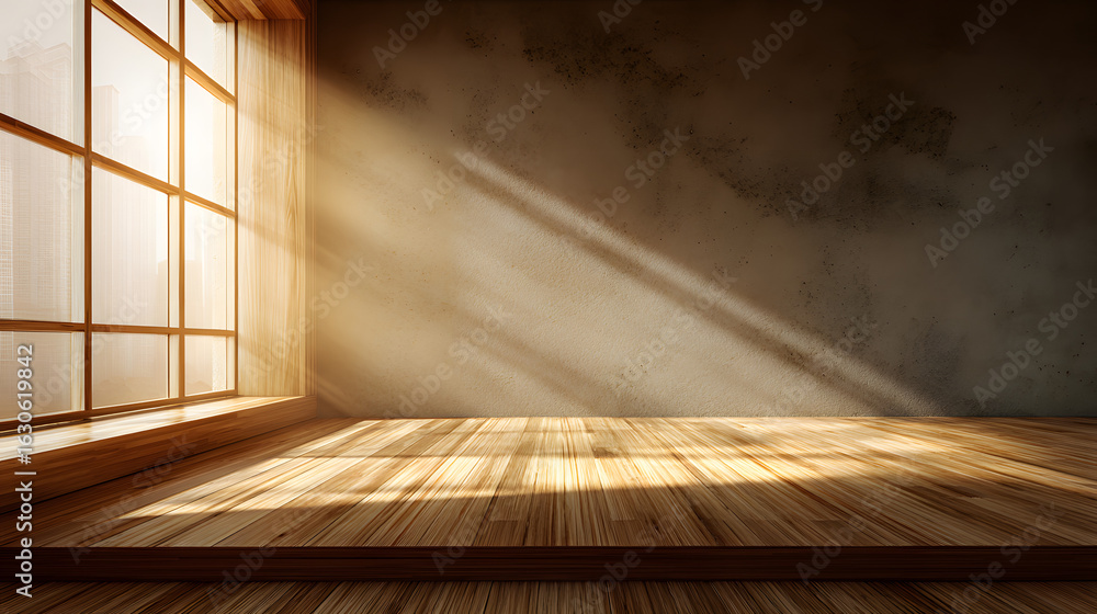 Poster sun is shining through the window and illuminating an empty room with a wooden platform, creating an