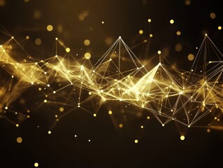 Abstract golden network with connecting lines and dots floating in a space like environment