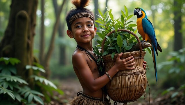 Smiling tribal boy holding plant basket with parrot in forest - Powered by Adobe