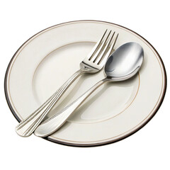 Fork and spoon placed on the plate isolated on transparent background  

