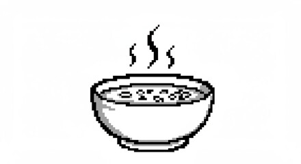 Steaming bowl of pixelated soup evokes cozy comfort and retro gaming nostalgia.