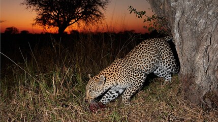 Obraz premium A leopard lays down in the grass next to a tree with a sunset in the background