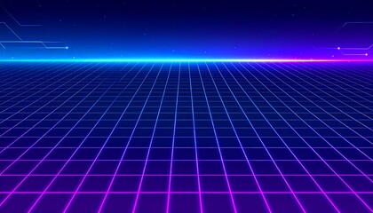 Synthwave-inspired grid landscape with vibrant neon blue and purple lines receding to a dark horizon