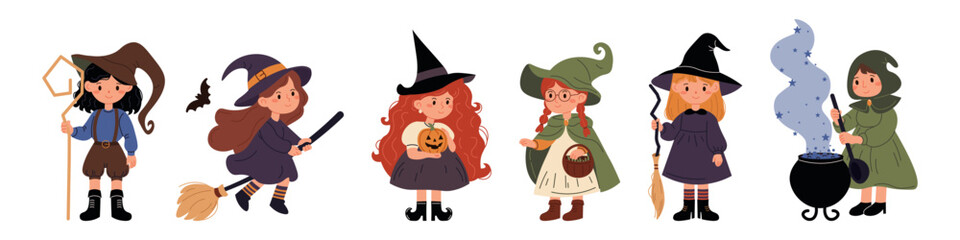 Cute cartoon illustration of young witches in various poses with brooms, cauldrons, pumpkins, and magic elements, ideal for Halloween designs, kids' books, and festive decor