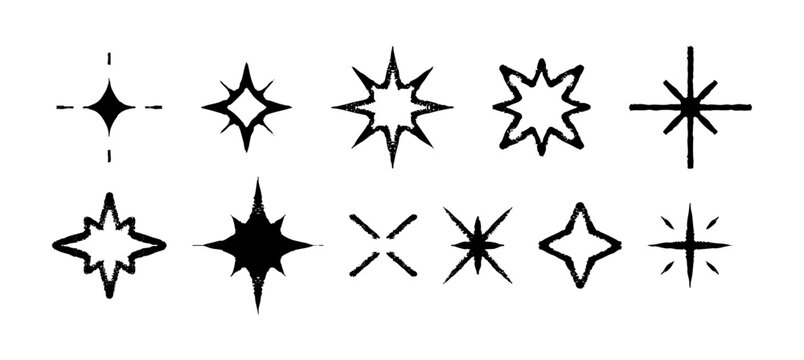 Hand drawn star and sparkle elements with bold black lines and rough texture. Vector illustration of glowing burst and shining symbols in brush sketch style.