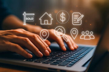 Searching for real estate online with icons overlaying a laptop keyboard