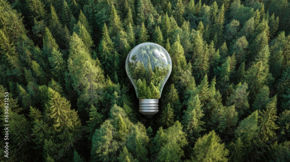 Poster a light bulb is surrounded by trees in a forest. the light bulb is a symbol of energy and the trees 