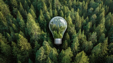 A light bulb is surrounded by trees in a forest. The light bulb is a symbol of energy and the trees represent nature. Concept of sustainable living and the importance of preserving the environment