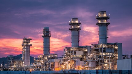 A large industrial plant with many tall smokestacks. The sky is orange and the sun is setting