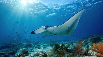   Manta ray glides above coral reef in azure seas of tropical island