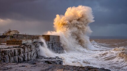   A massive wave collides with a stone barrier and strikes the shoreline of a jagged cliff during a tumultuous day