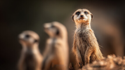 Fototapeta premium A cluster of meerkats perched on top of a mound of dirt and grass