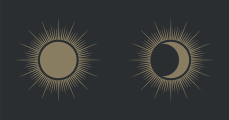 Sun and Moon Mystical Symbols Representing Duality and Balance in Esoteric Spiritual Art Illustrations