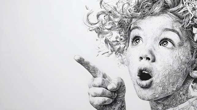 Vivid portrait of a little girl displaying a surprised emotion while decisively pointing in the direction of her choice amidst a clean white background with a minimalist artistic approach