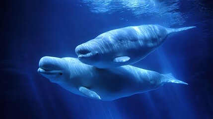 A pair of white dolphins swim in sunlight-bubbled water