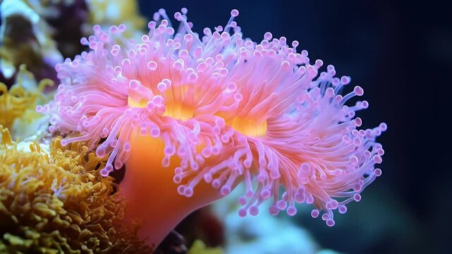 Vibrant Pink Sea Anemone with Luminous Tentacles Gently Swaying in Dark Water