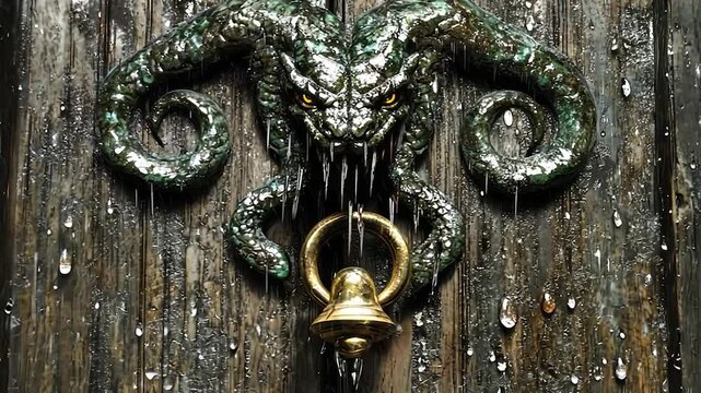 Gorgon-headed door knocker, wet wood