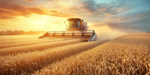 Combine harvester working in wheat field during golden sunset