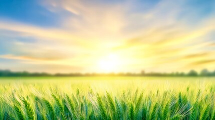 Green wheat field at sunrise with soft golden light