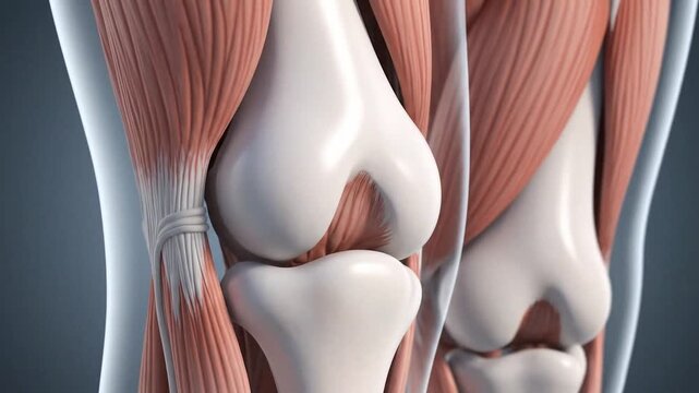 Two knee joints and surrounding muscles are depicted in an anatomical illustration