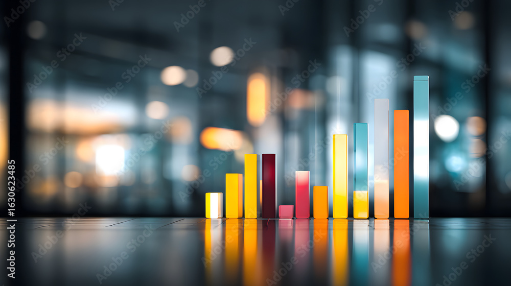 Poster abstract visualization of financial data with colorful bar graphs against a blurred office backdrop,