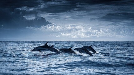Fototapeta premium A pod of dolphins frolicking in the sea beneath an overcast sky and a luminous moon overhead