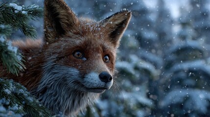Fototapeta premium Close-up of fox with snow on fur, pine tree in foreground