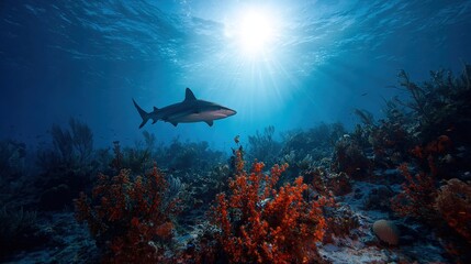 Fototapeta premium A blacktiped shark glides over a coral reef in the azure depths of the Great Barrier Reef, located off the coast of Australia, on a bright sun