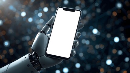  Robotic Hand Holding Mobile Phone with Blank White Screen

