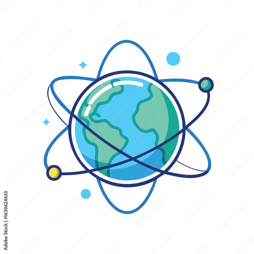Poster art of earth with atom orbits isolated on white background is a science concept