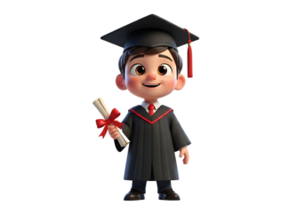 Cute 3D cartoon boy in graduation gown and cap, holding diploma, isolated on transparent background