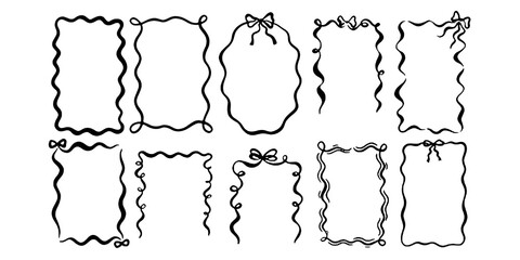 Vintage bows frame for greeting cards, wedding and birthday party, picnic invitations in cute elegant coquette style. Hand drawn pink frames with bow and ribbons border illustration