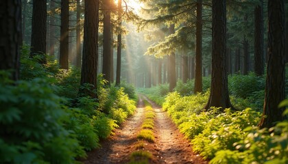 Fototapeta premium A serene forest path illuminated by soft sunlight among lush greenery, inviting exploration and tranquility.