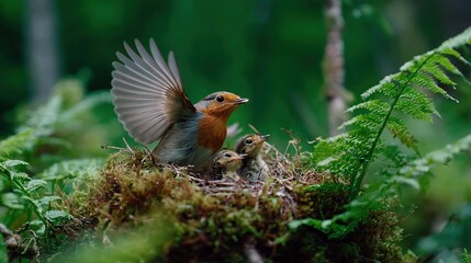   Mother bird feeding baby birds in lush green forest nest surrounded by ferns