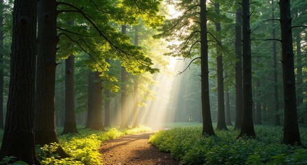 Naklejka premium Serene forest path illuminated by early morning sunlight filtering through tall trees, tranquil atmosphere. Concept of nature retreats.