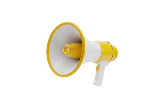 Yellow and white 3D megaphone or bullhorn, isolated on transparent background.


