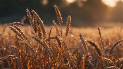 Fototapeta premium Close-up of wheat field, sun shining through trees