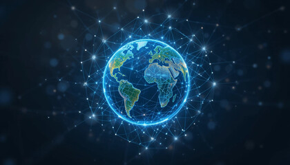 Digital Earth with Glowing Network Connections and Stylized Continents